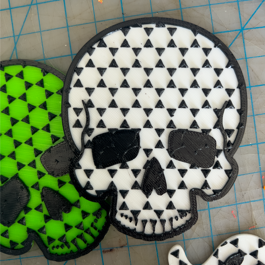 Skull-shaped foot grips with black and white pattern on a green and black checkered background