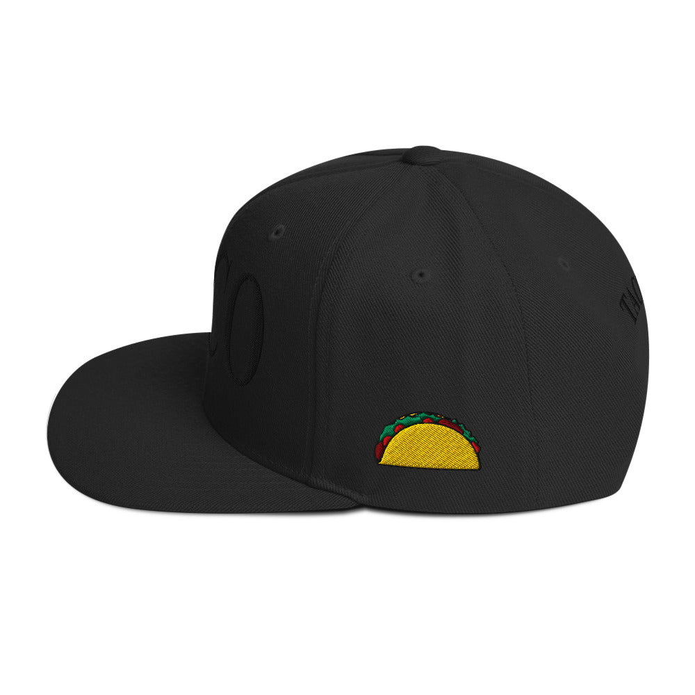 side view of Funny anti-Trump parody hat – Supreme Taco snapback for political humor