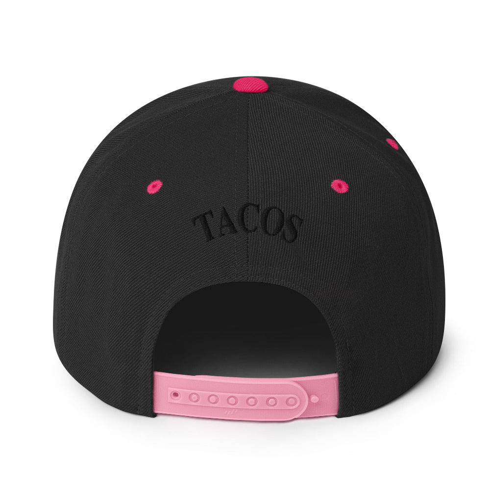 rear view of Make Tacos Great Again snapback – anti-Trump parody hat with taco design
