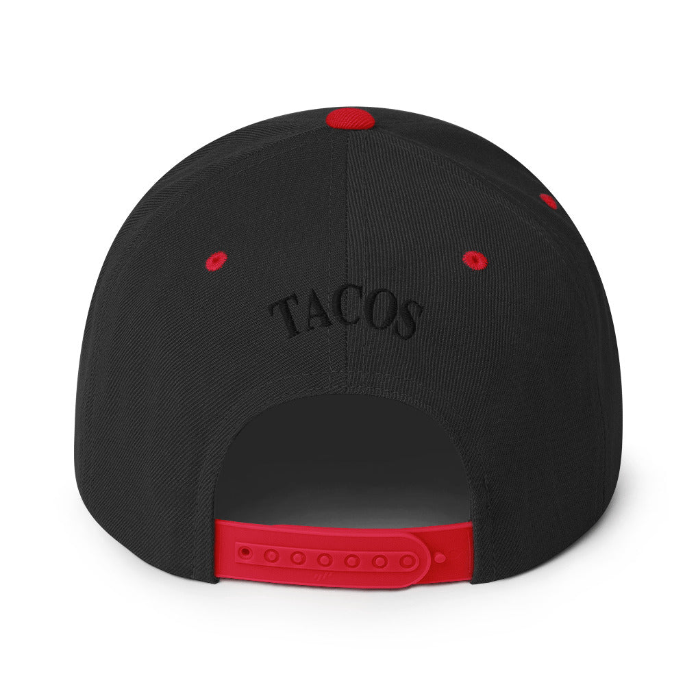 rear view of Funny anti-Trump parody hat – Supreme Taco snapback for political humor
