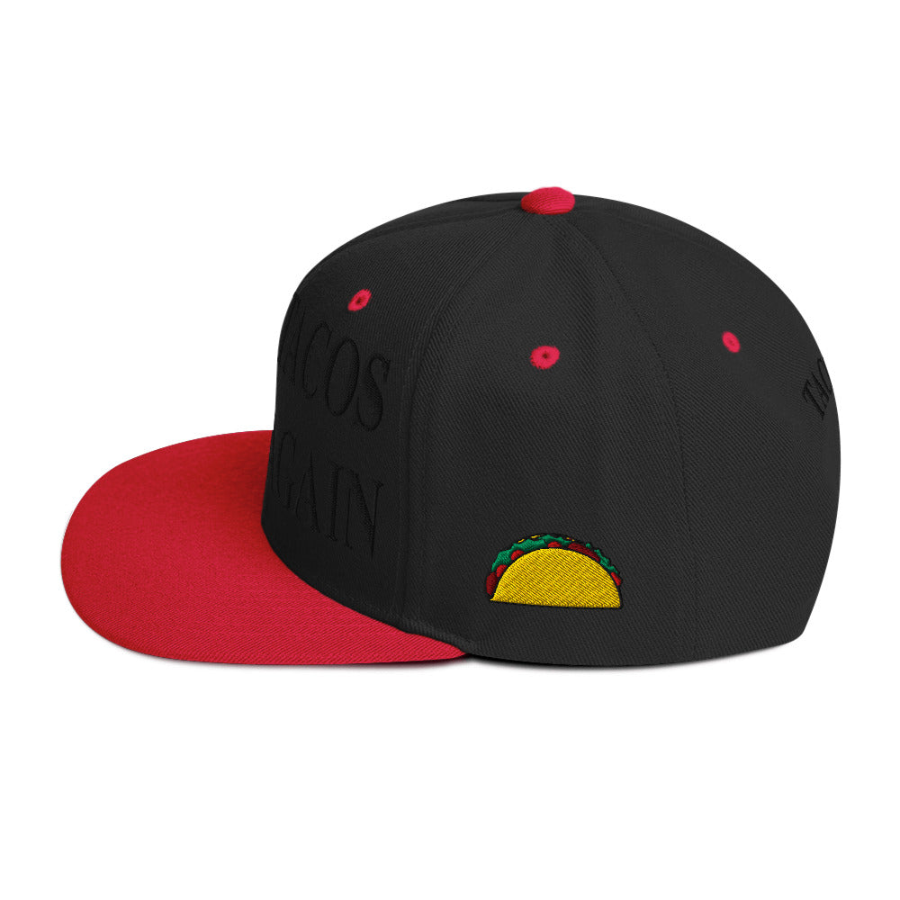 side view of Make Tacos Great Again snapback – anti-Trump parody hat with taco design