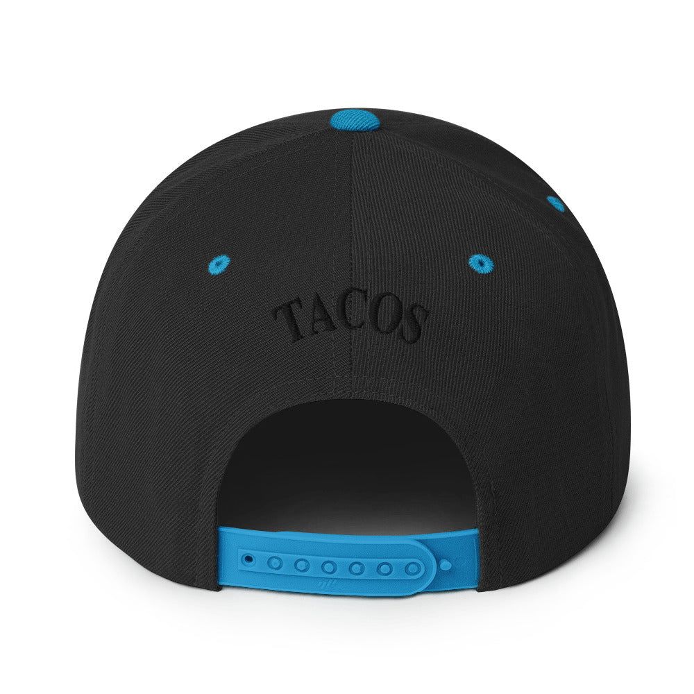 rear view of Make Tacos Great Again snapback – anti-Trump parody hat with taco design