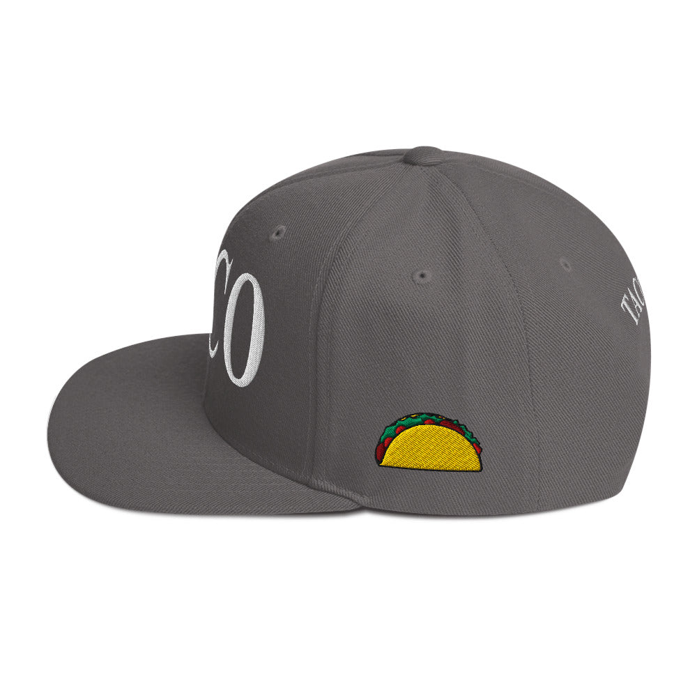 side view of Funny anti-Trump parody hat – Supreme Taco snapback for political humor