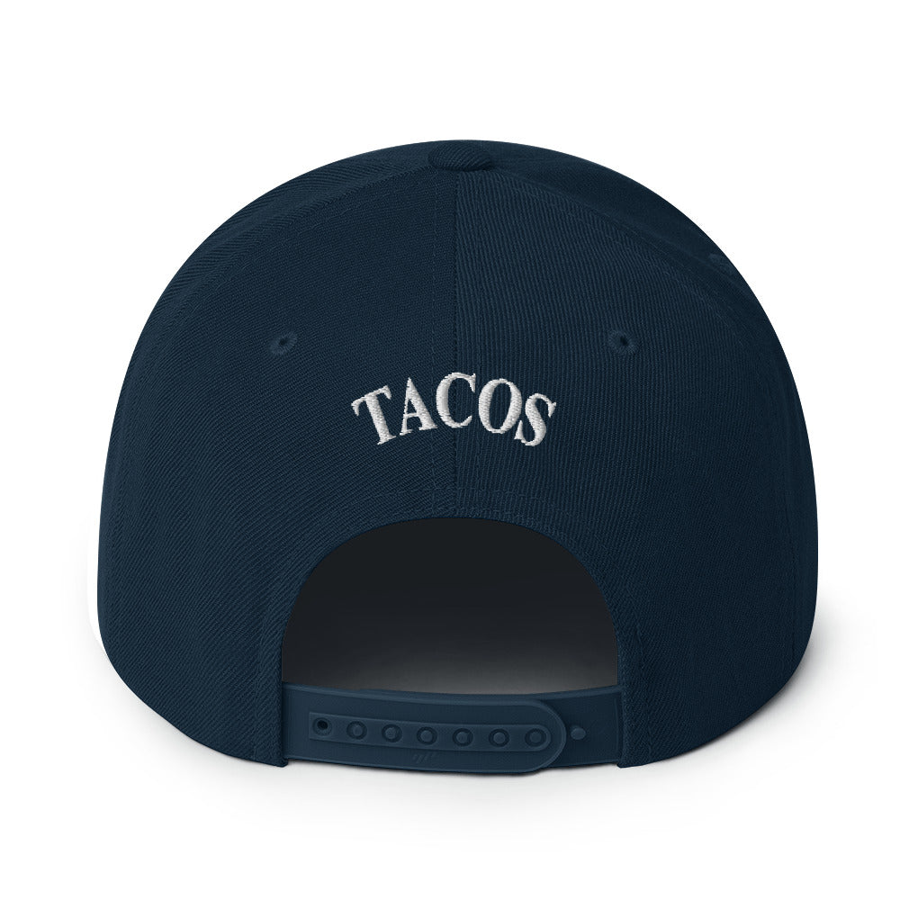 rear view of Make Tacos Great Again snapback – anti-Trump parody hat with taco design
