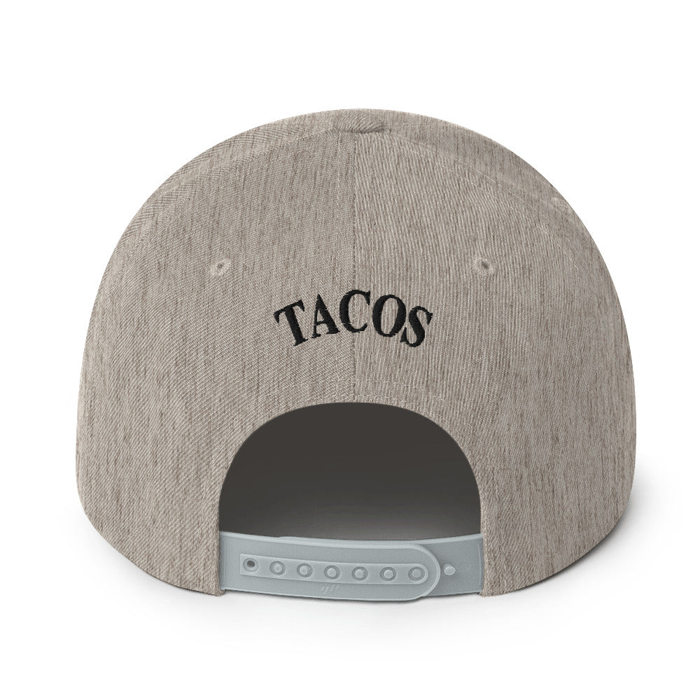 rear view of Make Tacos Great Again snapback – anti-Trump parody hat with taco design