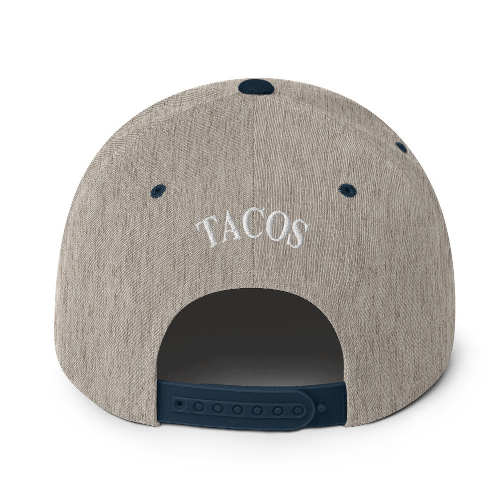 rear view of Make Tacos Great Again snapback – anti-Trump parody hat with taco design