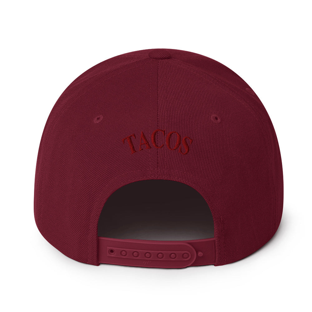rear view of Make Tacos Great Again snapback – anti-Trump parody hat with taco design
