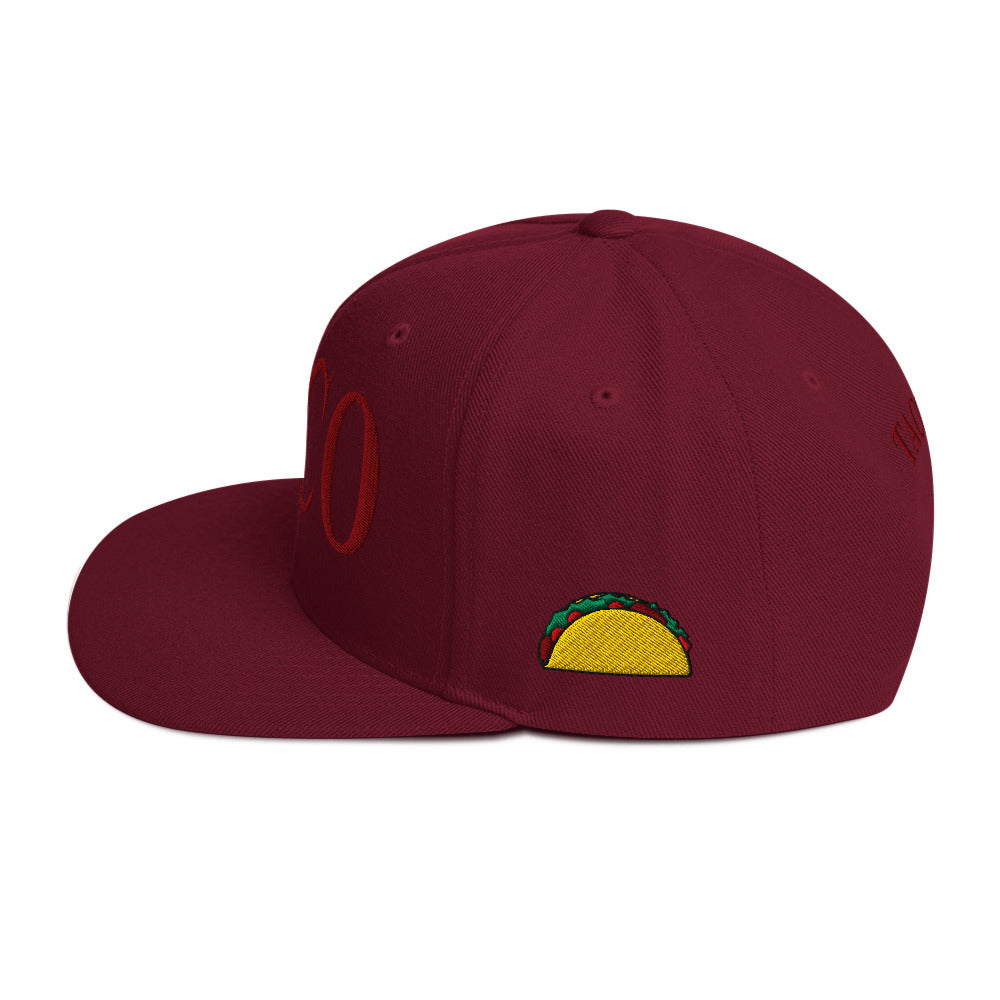 side view of Funny anti-Trump parody hat – Supreme Taco snapback for political humor