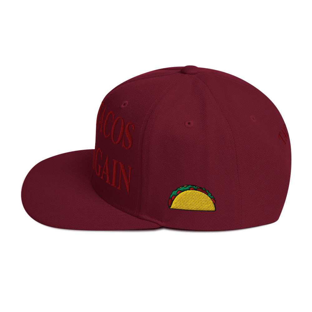 side view of Make Tacos Great Again snapback – anti-Trump parody hat with taco design