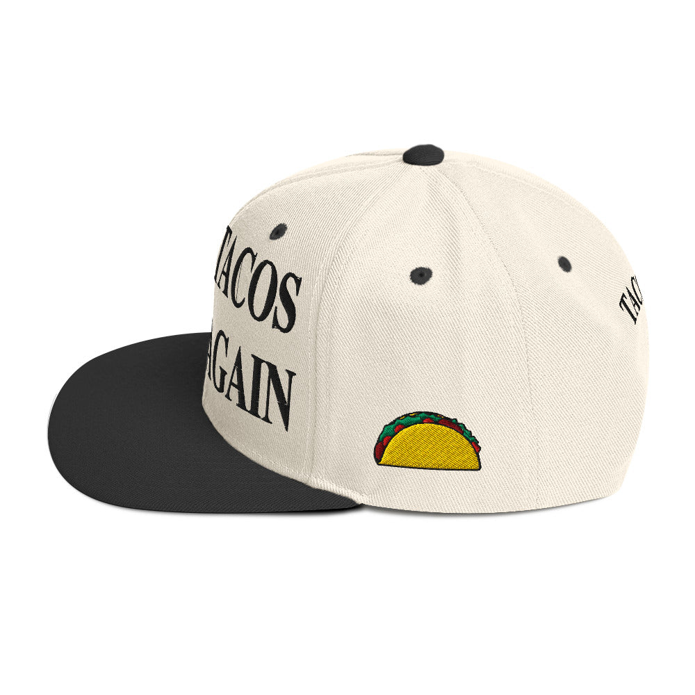 side view of Make Tacos Great Again snapback – anti-Trump parody hat with taco design