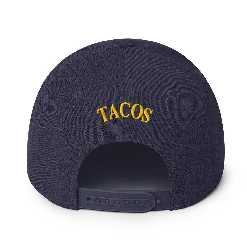 rear view of Make Tacos Great Again snapback – anti-Trump parody hat with taco design