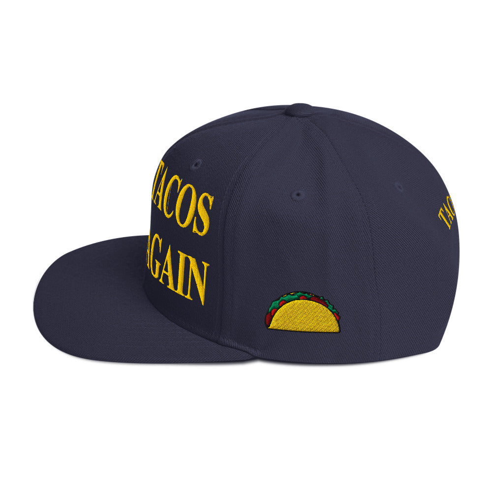 side view of Make Tacos Great Again snapback – anti-Trump parody hat with taco design