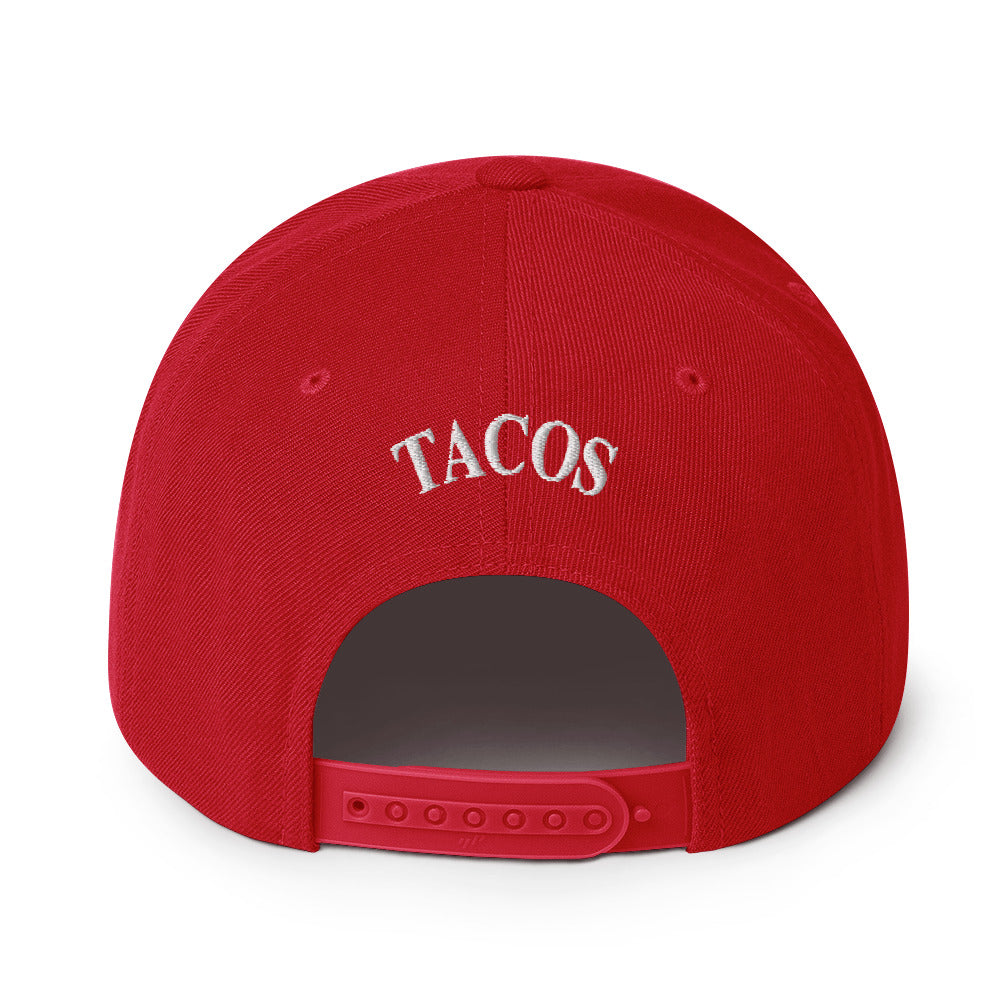 rear view of Make Tacos Great Again snapback – anti-Trump parody hat with taco design