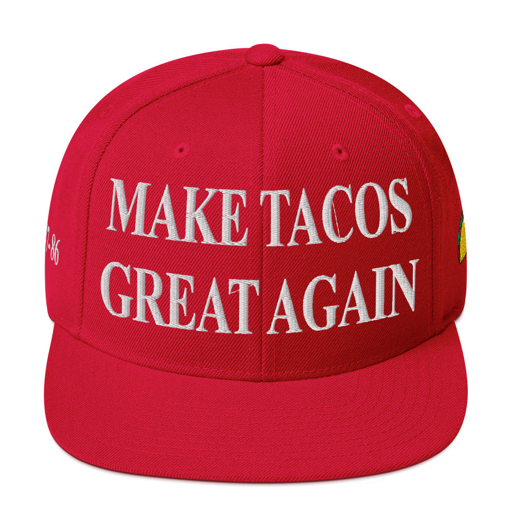 Make Tacos Great Again snapback – anti-Trump parody hat with taco design