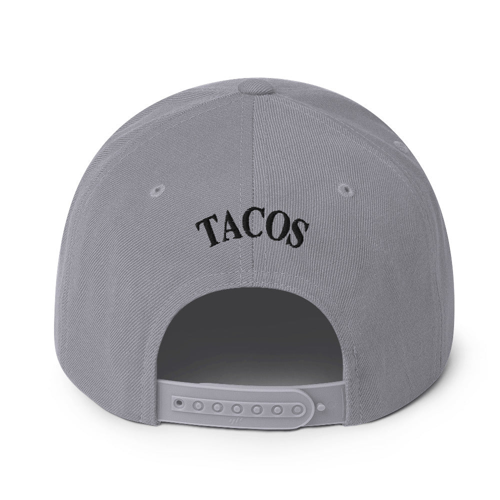 rear view of Funny anti-Trump parody hat – Supreme Taco snapback for political humor