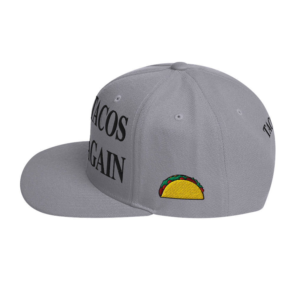 side view of Make Tacos Great Again snapback – anti-Trump parody hat with taco design