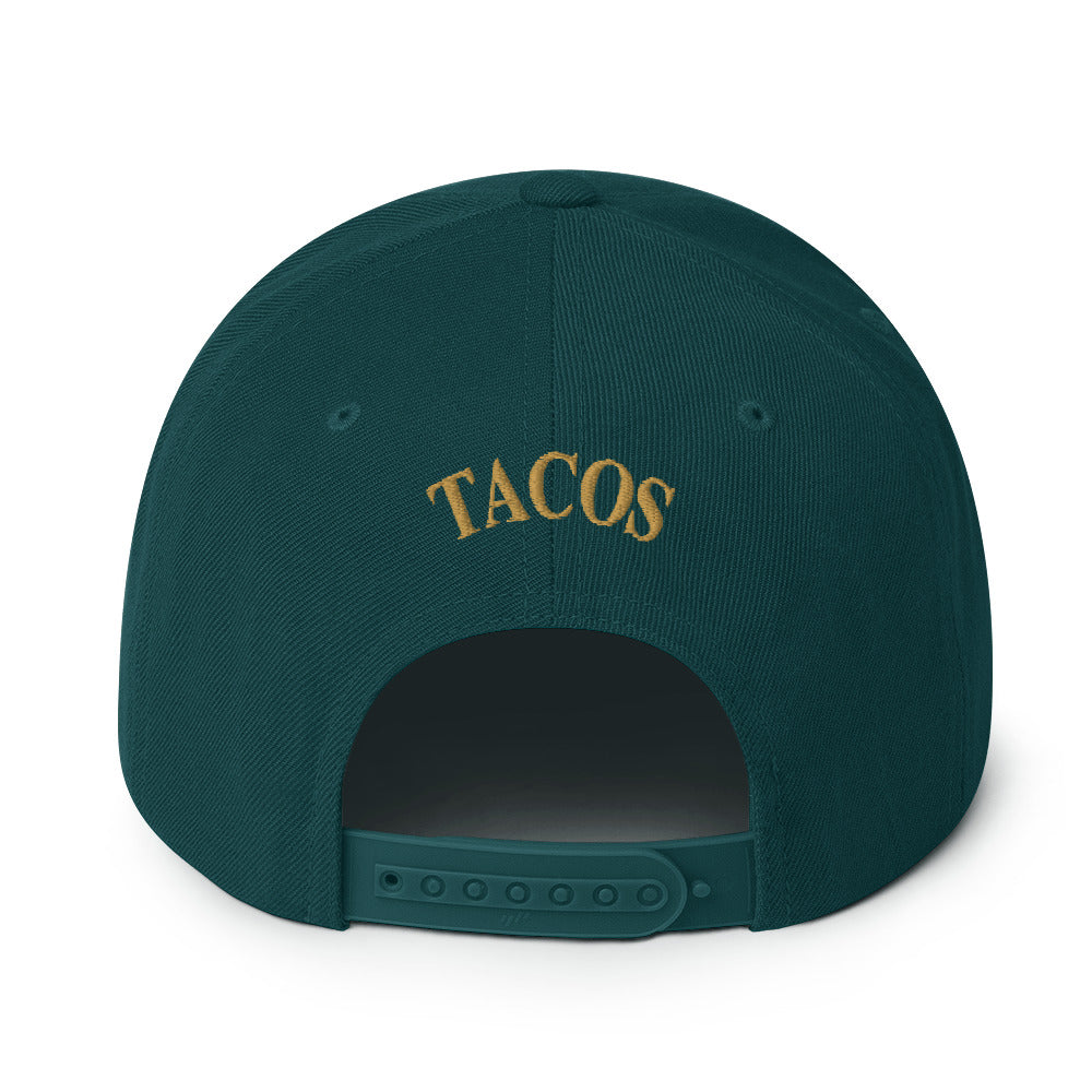 rear view of Make Tacos Great Again snapback – anti-Trump parody hat with taco design