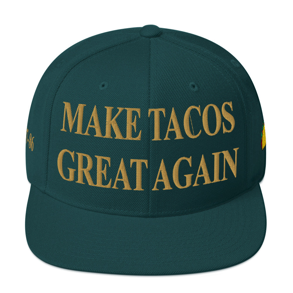 Make Tacos Great Again snapback – anti-Trump parody hat with taco design