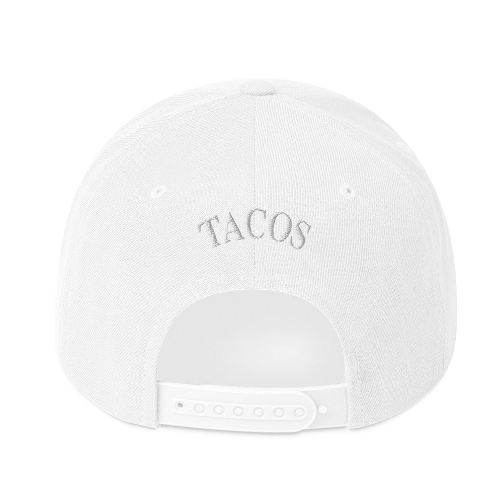rear view of Make Tacos Great Again snapback – anti-Trump parody hat with taco design