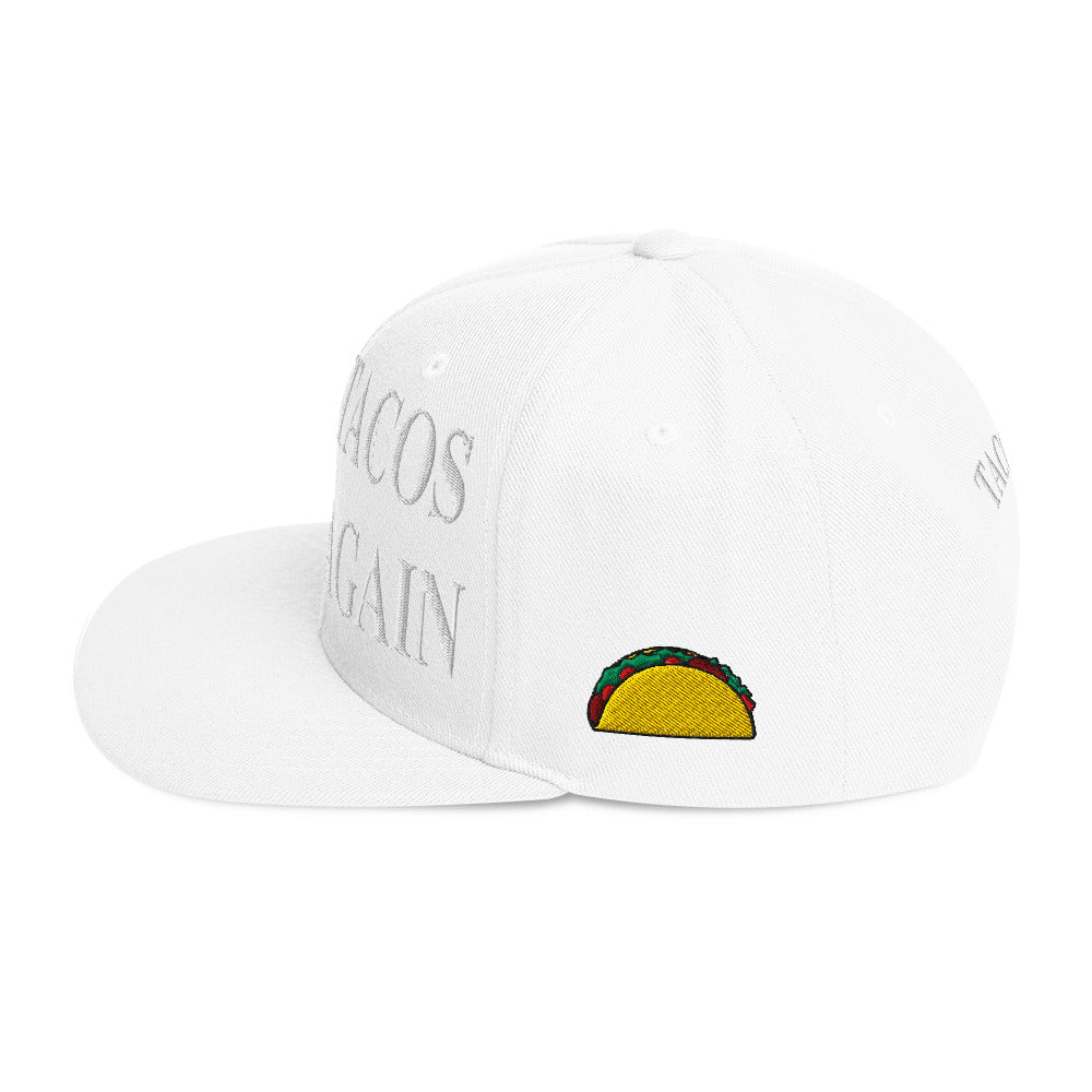 side view of Make Tacos Great Again snapback – anti-Trump parody hat with taco design